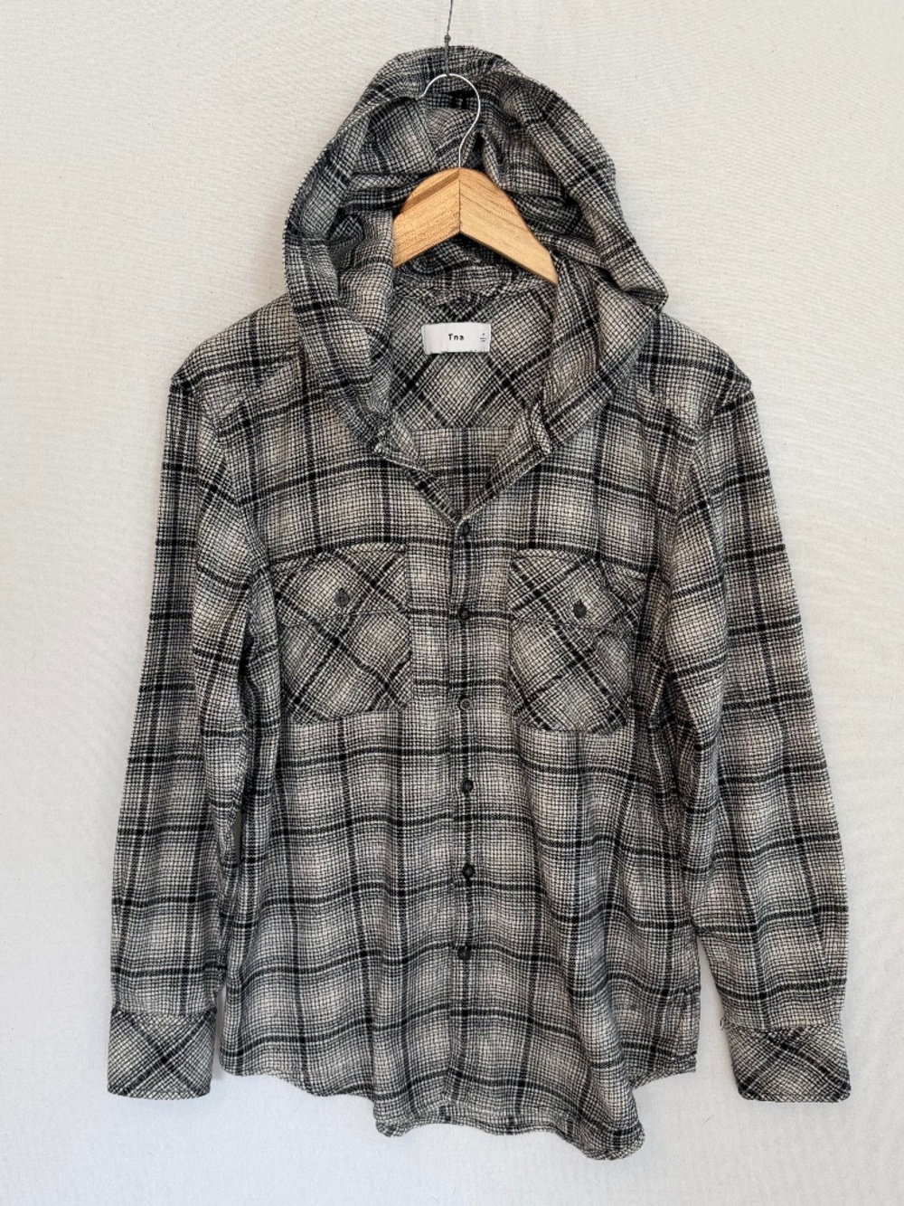 TNA Women’s Small Black & White Plaid Flannel Hoodie Button Front Shirt